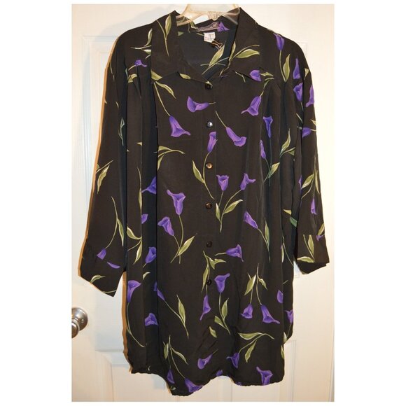 CLUB Z Collection Flowered Black Tunic Long Blouse Women's Top Long Sleeve Sz 2X - Picture 1 of 4